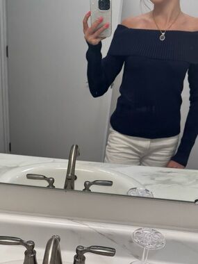 Off-the-Shoulder Navy Ribbed Knit Top